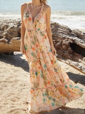 NWT PQ swim anthro Bohemian Peach Floral Halter Maxi Dress size M/L